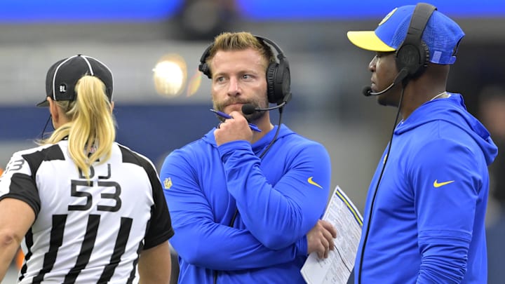 Sep 17, 2023; Inglewood, California, USA; Los Angeles Rams head coach Sean McVay stands next to defensive coordinator Raheem Morris in the second half against the San Francisco 49ers at SoFi Stadium. Mandatory Credit: Jayne Kamin-Oncea-Imagn Images