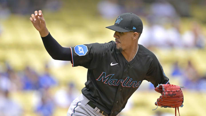 Aug 19, 2023; Los Angeles, California, USA; Miami Marlins starting pitcher Eury Perez (39) throws to