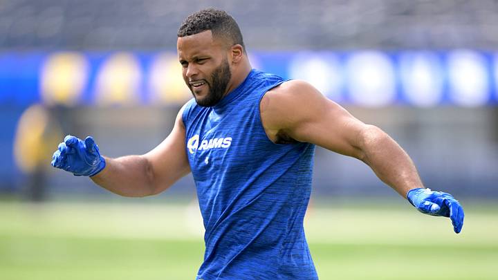 Oct 8, 2023; Inglewood, California, USA; Los Angeles Rams defensive tackle Aaron Donald (99) warms up prior to the game against the Philadelphia Eagles at SoFi Stadium. Mandatory Credit: Jayne Kamin-Oncea-USA TODAY Sports Oct 8, 2023; Inglewood, California, USA; Los Angeles Rams defensive tackle Aaron Donald (99) warms up prior to the game against the Philadelphia Eagles at SoFi Stadium. Mandatory Credit: Jayne Kamin-Oncea-USA TODAY Sports