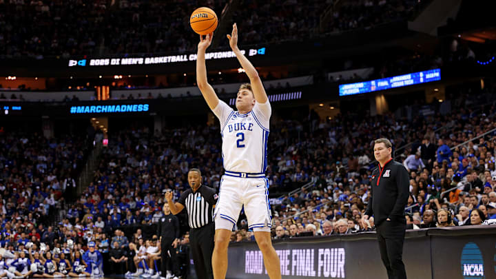 Mar 27, 2025; Newark, NJ, USA; Duke basketball forward Cooper Flagg (2) shoots the ball during the first half against the Arizona Wildcats during an East Regional semifinal of the 2025 NCAA tournament at Prudential Center.