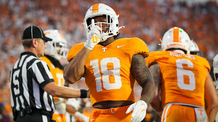 Tennessee running back DeSean Bishop (18) shushes the Mississippi State student section during a college football game between Tennessee and Mississippi State at Davis Wade Stadium in Starkville, Miss., on Sept. 27, 2025.