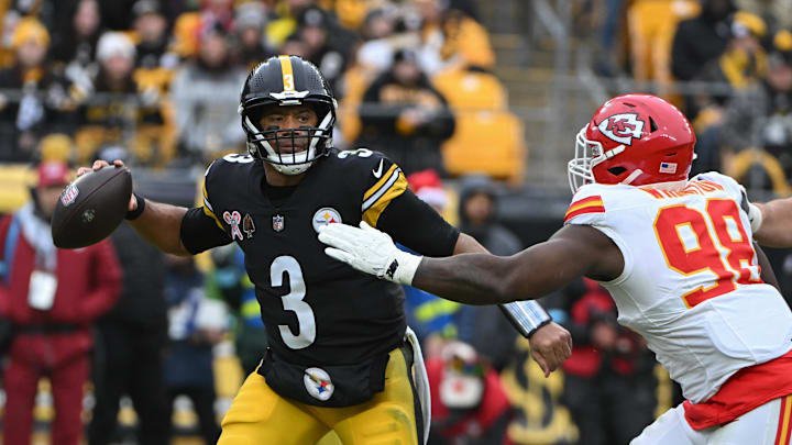 Dec 25, 2024; Pittsburgh, Pennsylvania, USA; Kansas City Chiefs defensive tackle Tershawn Wharton (98) presses Pittsburgh Steelers quarterback Russell Wilson (3) during the second half at Acrisure Stadium.  