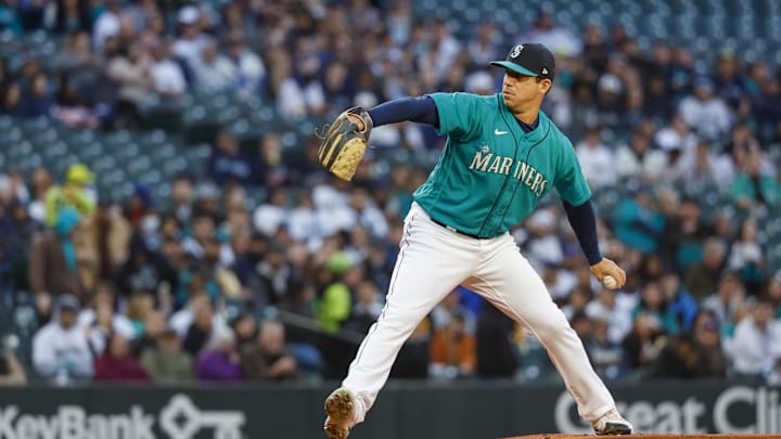 Seattle Mariners starting pitcher Tommy Milone (53) throws against the Colorado Rockies during the first inning at T-Mobile Park in 2023.