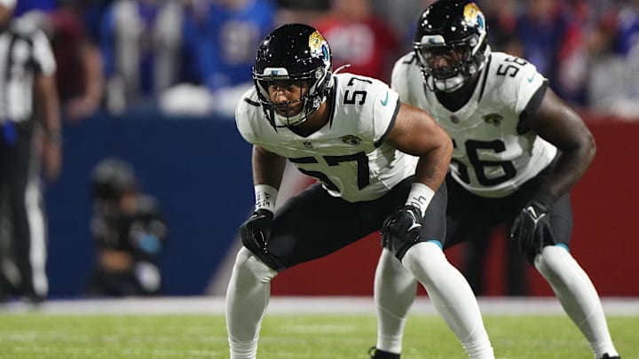 Sep 23, 2024; Orchard Park, New York, USA; Jacksonville Jaguars linebacker Caleb Johnson (57) lines up for a play against the Buffalo Bills during the first half at Highmark Stadium. Mandatory Credit: Gregory Fisher-Imagn Images Sep 23, 2024; Orchard Park, New York, USA; Jacksonville Jaguars linebacker Caleb Johnson (57) lines up for a play against the Buffalo Bills during the first half at Highmark Stadium. Mandatory Credit: Gregory Fisher-Imagn Images