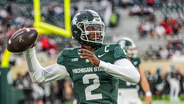 Michigan State Spartans quarterback Aidan Chiles (2) warms up before the NCAA football game against Ohio State University at Spartan Stadium in East Lansing, Saturday, Sept. 28, 2024.