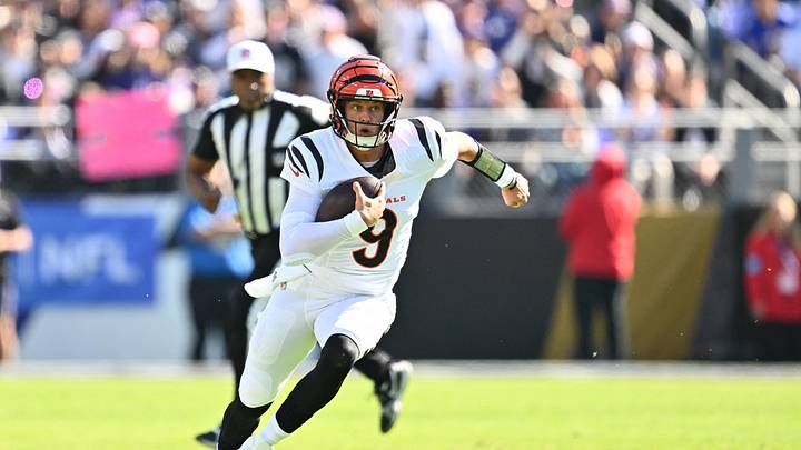 Oct 25, 2026; Baltimore, Maryland, USA;  Cincinnati Bengals quarterback Joe Burrow (9) runs the ball during the first quarter against the Baltimore Ravens at M&T Bank Stadium.  Mandatory Credit: Jamie Sabau-Imagn Images