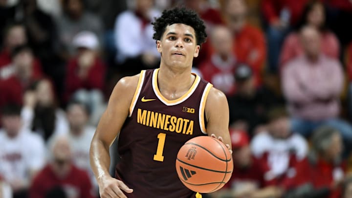 Mar 4, 2026; Bloomington, Indiana, USA; Minnesota Golden Gophers guard Isaac Asuma (1) dribbles the ball against the Indiana Hoosiers during the second half at Simon Skjodt Assembly Hall. Mandatory Credit: Robert Goddin-Imagn Images