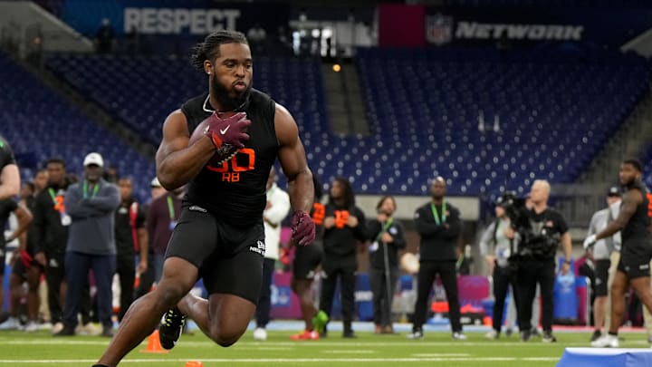 Mar 1, 2025; Indianapolis, IN, USA; Virginia Tech running back Bhayshul Tuten (RB30) during the 2025 NFL Combine at Lucas Oil Stadium. Mandatory Credit: Kirby Lee-Imagn Images