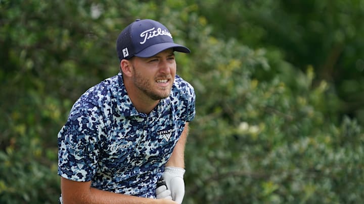 May 24, 2025; Fort Worth, Texas, USA; Lee Hodges watches his shot from the ninth tee during the third round of the Charles Schwab Challenge golf tournament. Mandatory Credit: Raymond Carlin III-Imagn Images