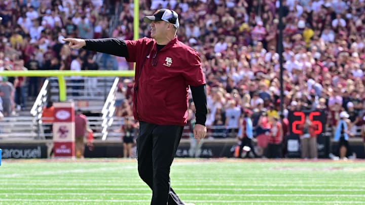 Sep 28, 2024; Chestnut Hill, Massachusetts, USA; Boston College Eagles head coach Bill O'Brien signals during the first half against the Western Kentucky Hilltoppers at Alumni Stadium. Mandatory Credit: Eric Canha-Imagn Images