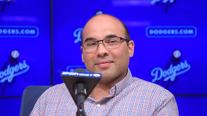 Nov 7, 2017; Los Angeles, CA, USA; Los Angeles Dodger  general manager Farhan Zaidi address the media at a press conference at Dodger Stadium. Mandatory Credit: Kirby Lee-Imagn Images