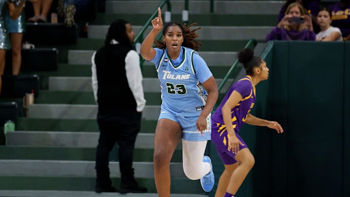 Nov 17, 2025; New Orleans, Louisiana, USA; Tulane Green Wave forward Amira Mabry (23) reacts after a score against the LSU Tigers during the first half at Avron B. Fogelman Arena in Devlin Fieldhouse. Mandatory Credit: Matthew Hinton-Imagn Images