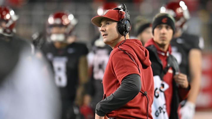 Nov 9, 2024; Pullman, Washington, USA; Washington State Cougars head coach Jake Dickert looks on against the Utah State Aggies in the first half at Gesa Field at Martin Stadium. Mandatory Credit: James Snook-Imagn Images
