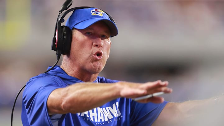 Kansas Jayhawks head coach Lance Leipold yells towards a referee during the game between Fresno State and Kansas at David Booth Kansas Memorial Stadium on Aug. 23, 2025.