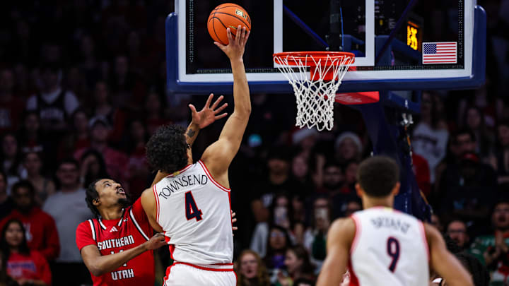 Dec 7, 2024; Tucson, Arizona, USA; Arizona Wildcats forward Trey Townsend (4) shoots the ball during the first half against the Southern Utah Thunderbirds at McKale Center. Mandatory Credit: Aryanna Frank-Imagn Images