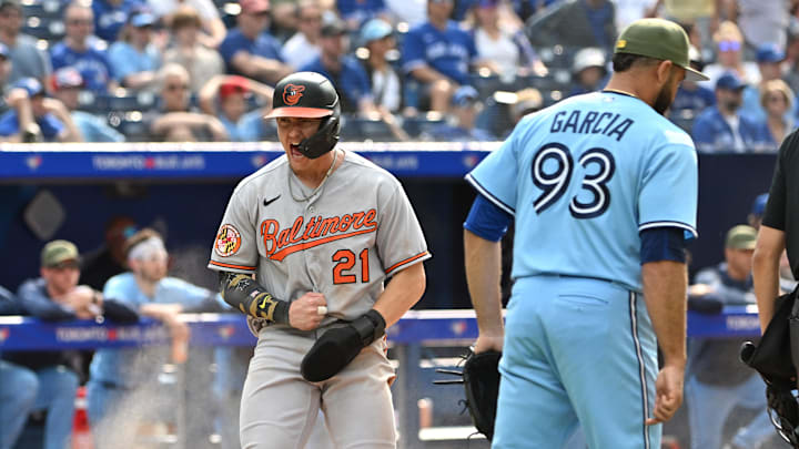 May 21, 2023; Toronto, Ontario, CAN;  Baltimore Orioles left fielder Austin Hays (21) reacts after