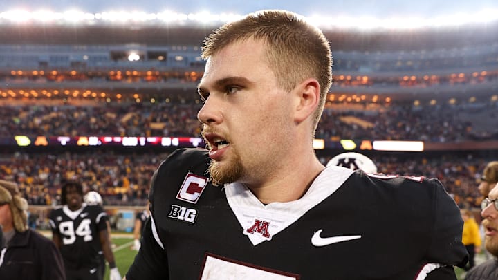 Nov 1, 2025; Minneapolis, Minnesota, USA; Minnesota Golden Gophers quarterback Drake Lindsey (5) celebrates his teams overtime win against the Michigan State Spartans at Huntington Bank Stadium. Mandatory Credit: Matt Krohn-Imagn Images Nov 1, 2025; Minneapolis, Minnesota, USA; Minnesota Golden Gophers quarterback Drake Lindsey (5) celebrates his teams overtime win against the Michigan State Spartans at Huntington Bank Stadium. Mandatory Credit: Matt Krohn-Imagn Images