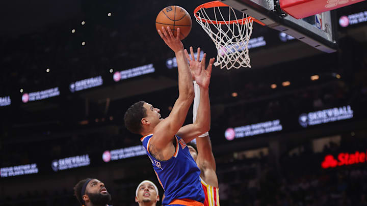 Dec 27, 2025; Atlanta, Georgia, USA; New York Knicks guard Kevin McCullar Jr. (9) shoots against the Atlanta Hawks in the first quarter at State Farm Arena. Mandatory Credit: Brett Davis-Imagn Images

