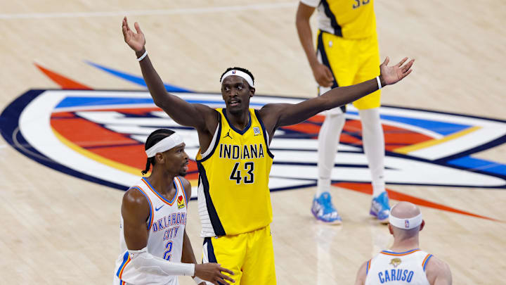 Jun 16, 2025; Oklahoma City, Oklahoma, USA; Indiana Pacers forward Pascal Siakam (43) reacts to a call as Oklahoma City Thunder guard Shai Gilgeous-Alexander (2) looks on during the third quarter in game five of the 2025 NBA Finals at Paycom Center. Mandatory Credit: Alonzo Adams-Imagn Images Jun 16, 2025; Oklahoma City, Oklahoma, USA; Indiana Pacers forward Pascal Siakam (43) reacts to a call as Oklahoma City Thunder guard Shai Gilgeous-Alexander (2) looks on during the third quarter in game five of the 2025 NBA Finals at Paycom Center. Mandatory Credit: Alonzo Adams-Imagn Images