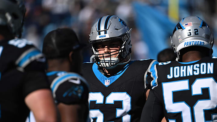 Nov 19, 2023; Charlotte, North Carolina, USA; Carolina Panthers guard Austin Corbett (63) before the game at Bank of America Stadium. Mandatory Credit: Bob Donnan-Imagn Images Nov 19, 2023; Charlotte, North Carolina, USA; Carolina Panthers guard Austin Corbett (63) before the game at Bank of America Stadium. Mandatory Credit: Bob Donnan-Imagn Images