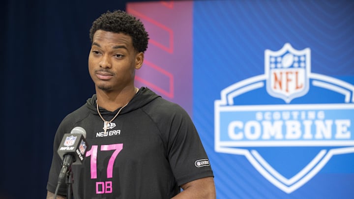 Feb 27, 2025; Indianapolis, IN, USA; Michigan defensive back Will Johnson (DB17) during the 2025 NFL Combine at Lucas Oil Stadium. Mandatory Credit: Tanner Pearson-Imagn Images