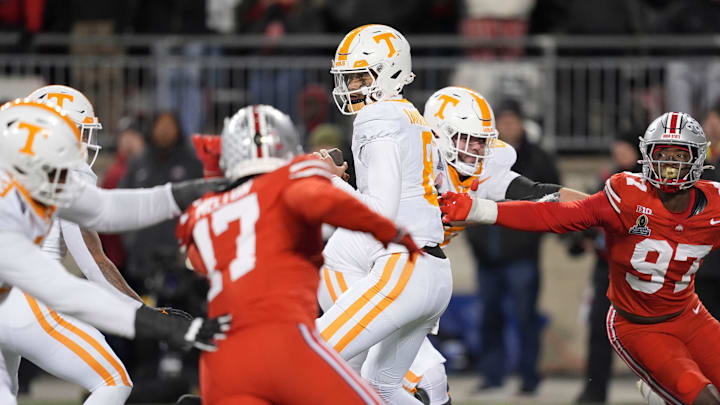 Tennessee quarterback Nico Iamaleava (8) looks for an open receiver during the NCAA college football playoff game against Ohio State on Saturday, Dec. 21, 2024, in Columbus, Ohio.