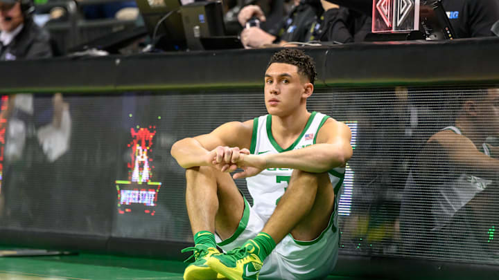 Dec 29, 2024; Eugene, Oregon, USA; Oregon Ducks guard Jackson Shelstad (3) waits to check into the game against the Weber State Wildcats during the second half at Matthew Knight Arena. Mandatory Credit: Craig Strobeck-Imagn Images