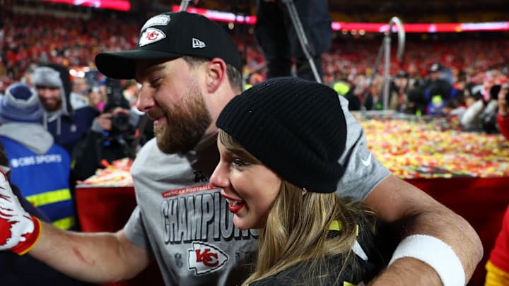 Jan 26, 2025; Kansas City, MO, USA; Recording artist Taylor Swift and Kansas City Chiefs tight end Travis Kelce (87) react after the AFC Championship game against the Buffalo Bills at GEHA Field at Arrowhead Stadium. Mandatory Credit: Mark J. Rebilas-Imagn Images Jan 26, 2025; Kansas City, MO, USA; Recording artist Taylor Swift and Kansas City Chiefs tight end Travis Kelce (87) react after the AFC Championship game against the Buffalo Bills at GEHA Field at Arrowhead Stadium. Mandatory Credit: Mark J. Rebilas-Imagn Images