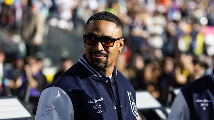 Feb 8, 2026; Santa Clara, CA, USA; Former Super Bowl MVP Jalen Hurts in attendance before Super Bowl LX between the Seattle Seahawks and the New England Patriots at Levi's Stadium. 