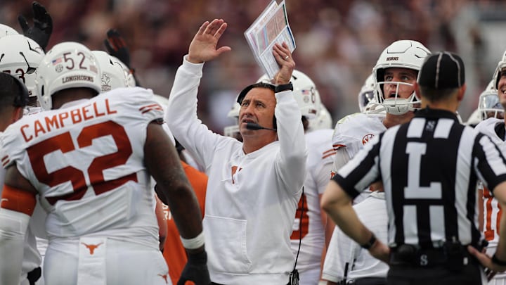 Texas Longhorns head coach Steve Sarkisian reacts to a replay on the video scoreboard during the second quarter against the Mississippi State Bulldogs at Davis Wade Stadium.