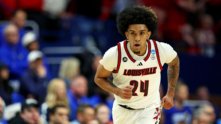 Mar 20, 2025; Lexington, KY, USA; Louisville Cardinals guard Chucky Hepburn (24) reacts after a play during the first half against the Creighton Bluejays in the first round of the NCAA Tournament at Rupp Arena. Mandatory Credit: Jordan Prather-Imagn Images Mar 20, 2025; Lexington, KY, USA; Louisville Cardinals guard Chucky Hepburn (24) reacts after a play during the first half against the Creighton Bluejays in the first round of the NCAA Tournament at Rupp Arena. Mandatory Credit: Jordan Prather-Imagn Images