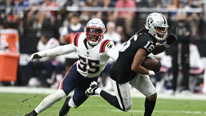 Oct 15, 2023; Paradise, Nevada, USA; New England Patriots linebacker Josh Uche (55) tries to tackle