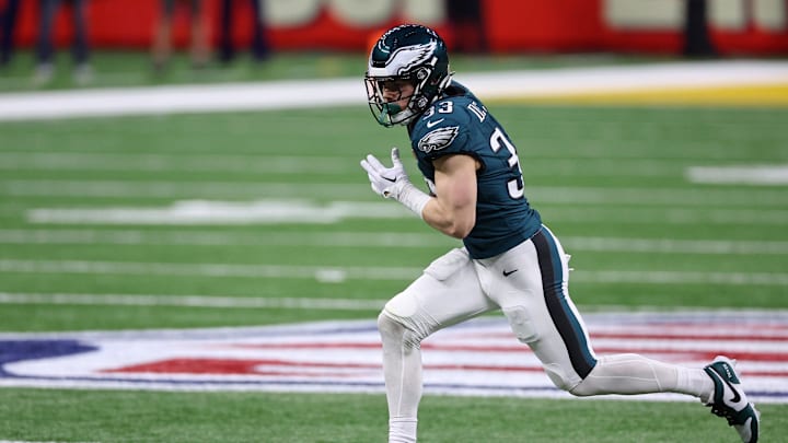 Philadelphia Eagles cornerback Cooper DeJean (33) scores a touchdown after making an interception against the Kansas City Chiefs.