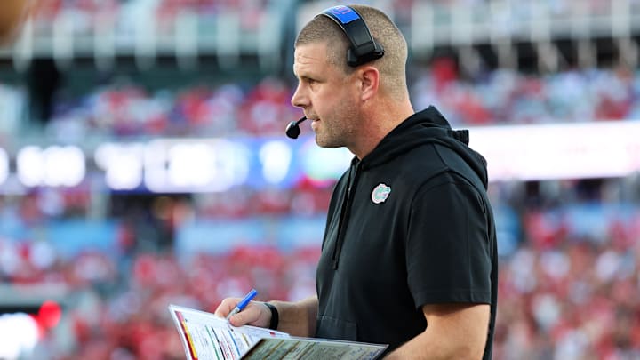 Oct 28, 2023; Jacksonville, Florida, USA; Florida Gators head coach Billy Napier stands on the sideline during the second half against the Georgia Bulldogs at EverBank Stadium. Mandatory Credit: Kim Klement Neitzel-USA TODAY Sports