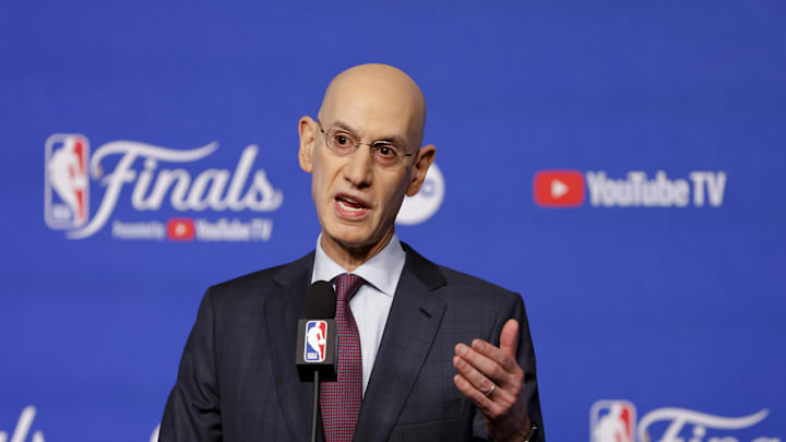 Jun 5, 2025; Oklahoma City, Oklahoma, USA; NBA commissioner Adam Silver speaks to the media before game one between the Oklahoma City Thunder and the Indiana Pacers in the 2025 NBA Finals at Paycom Center. Mandatory Credit: Alonzo Adams-Imagn Images Jun 5, 2025; Oklahoma City, Oklahoma, USA; NBA commissioner Adam Silver speaks to the media before game one between the Oklahoma City Thunder and the Indiana Pacers in the 2025 NBA Finals at Paycom Center. Mandatory Credit: Alonzo Adams-Imagn Images