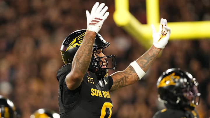 Sep 26, 2025; Tempe, Arizona, USA; Arizona State Sun Devils wide receiver Jordyn Tyson (0) celebrates quarterback Sam Leavitt’s (not pictured) touchdown against TCU Horned Frogs during the first half at Mountain America Stadium, Home of the ASU Sun Devils. Mandatory Credit: Jacob Reiner-Imagn Images