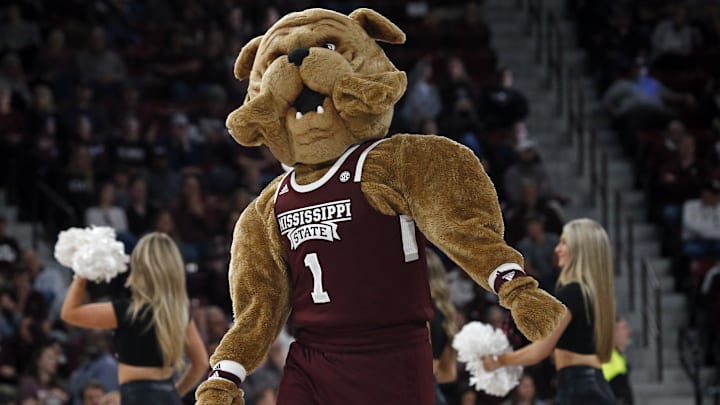 Mississippi State Bulldogs mascot Bully dances during a timeout during the second half against the Mississippi Rebels at Humphrey Coliseum.