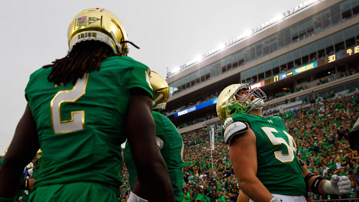 Notre Dame offensive lineman Anthonie Knapp (54) celebrates a Notre Dame touchdown during a NCAA college football game between Notre Dame and Louisville at Notre Dame Stadium on Saturday, Sept. 28, 2024, in South Bend. Notre Dame offensive lineman Anthonie Knapp (54) celebrates a Notre Dame touchdown during a NCAA college football game between Notre Dame and Louisville at Notre Dame Stadium on Saturday, Sept. 28, 2024, in South Bend.