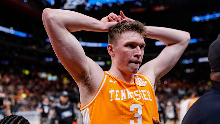 Tennessee guard Dalton Knecht (3) reacts to 72-66 loss to Purdue at the NCAA tournament Midwest Regional Elite 8 round at Little Caesars Arena in Detroit on Sunday, March 31, 2024.