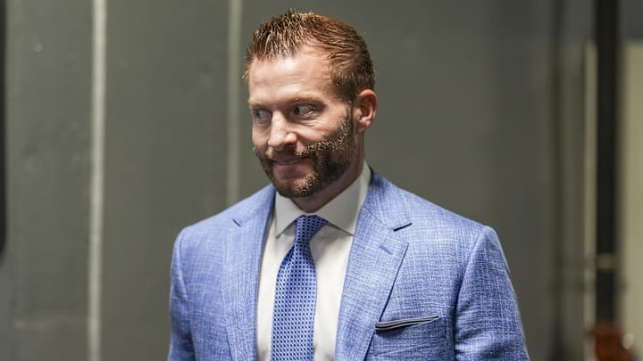 Jan 10, 2026; Charlotte, NC, USA;  Los Angeles Rams head coach Sean McVay walks into the stadium before the NFC Wild Card Round game against the Carolina Panthers at Bank of America Stadium. Mandatory Credit: Jim Dedmon-Imagn Images