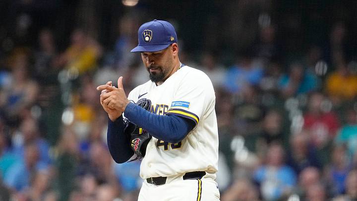 Aug 4, 2026; Milwaukee, Wisconsin, USA; Milwaukee Brewers relief pitcher Antonio Senzatela (49) works the ball before delivering a pitch against the Pittsburgh Pirates in the seventh inning at American Family Field. Mandatory Credit: Michael McLoone-Imagn Images Aug 4, 2026; Milwaukee, Wisconsin, USA; Milwaukee Brewers relief pitcher Antonio Senzatela (49) works the ball before delivering a pitch against the Pittsburgh Pirates in the seventh inning at American Family Field. Mandatory Credit: Michael McLoone-Imagn Images