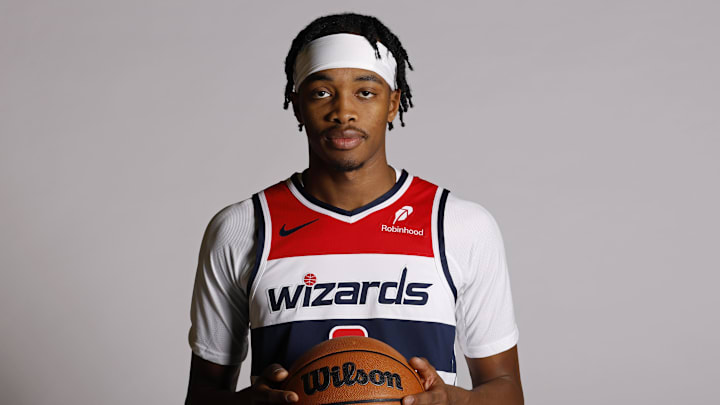 Sep 29, 2025; Washington, DC, USA; Washington Wizards guard Bilal Coulibaly (0) poses for a portrait during Wizards Media Day at CareFirst Arena.  Mandatory Credit: Geoff Burke-Imagn Images
