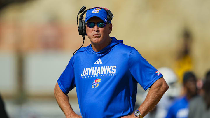 Sep 6, 2025; Columbia, Missouri, USA; Kansas Jayhawks head coach Lance Leipold reacts during the first half against the Missouri Tigers at Faurot Field at Memorial Stadium. Mandatory Credit: Jay Biggerstaff-Imagn Images