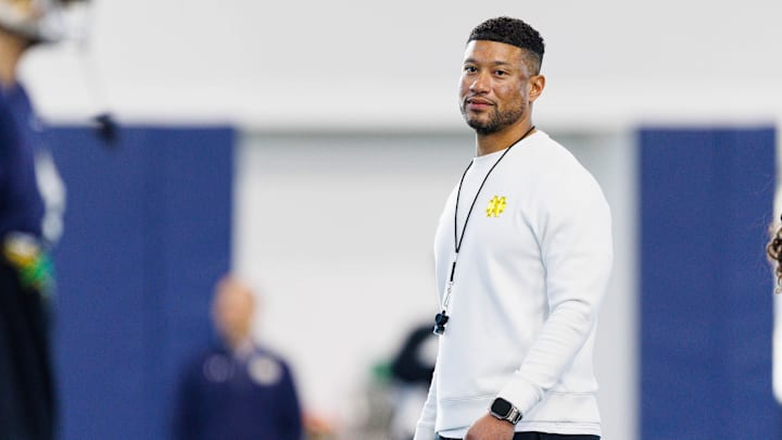 Notre Dame head coach Marcus Freeman during a Notre Dame football spring practice at Irish Athletic Center on Wednesday, March 26, 2025, in South Bend.