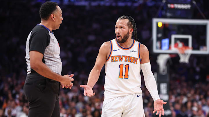Apr 19, 2025; New York, New York, USA; New York Knicks guard Jalen Brunson (11) argues with an official in Game One of the First Round of the NBA Playoffs against the Detroit Pistons at Madison Square Garden. Mandatory Credit: Wendell Cruz-Imagn Images