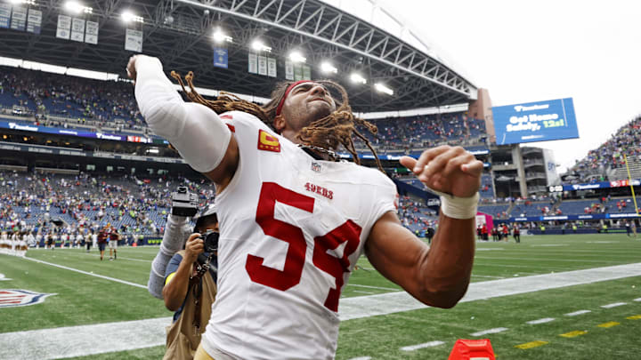 Sep 7, 2025; Seattle, Washington, USA; San Francisco 49ers linebacker Fred Warner (54) reacts after the game against the Seattle Seahawks during the fourth quarter at Lumen Field. Mandatory Credit: Joe Nicholson-Imagn Images