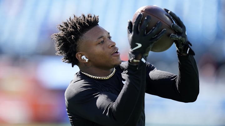 Oct 26, 2025; Charlotte, North Carolina, USA; Carolina Panthers wide receiver Jimmy Horn Jr. (15) warms up before a game against the Buffalo Bills at Bank of America Stadium. Mandatory Credit: Jim Dedmon-Imagn Images