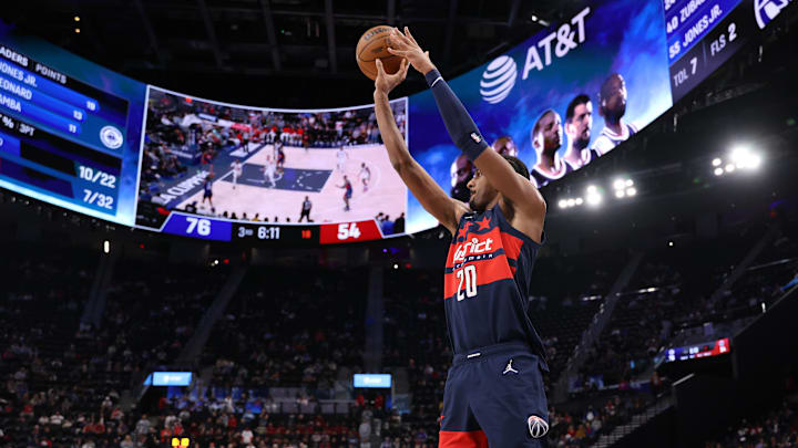 Jan 23, 2025; Inglewood, California, USA;  Washington Wizards forward Alex Sarr (20) shoots the ball during the third quarter against the Los Angeles Clippers at Intuit Dome. Mandatory Credit: Kiyoshi Mio-Imagn Images