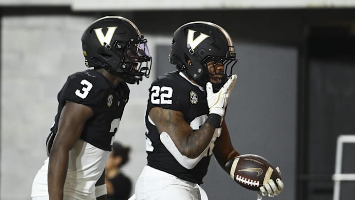 Sep 20, 2025; Nashville, Tennessee, USA;  duVanderbilt Commodores running back Makhilyn Young (22) celebrates his touchdown against the Georgia State Panthers ring the second half at FirstBank Stadium. Mandatory Credit: Steve Roberts-Imagn Images
