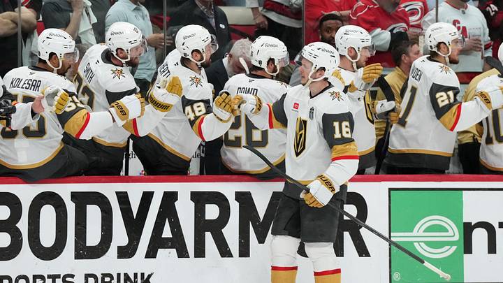 Jun 11, 2026; Raleigh, North Carolina, USA; Vegas Golden Knights right wing Pavel Dorofeyev (16) celebrates with teammates after scoring during the third period against the Carolina Hurricanes in game five of the 2026 Stanley Cup Final at Lenovo Center. Mandatory Credit: James Guillory-Imagn Images